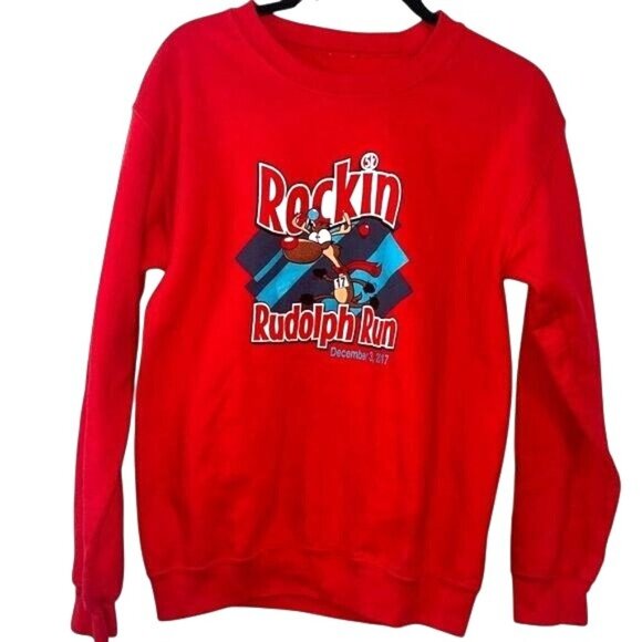 Rockin Rudolph Run Red Sweatshirt Unisex Long Sleeve Crew Neck Soft Cotton Blend - Picture 1 of 4
